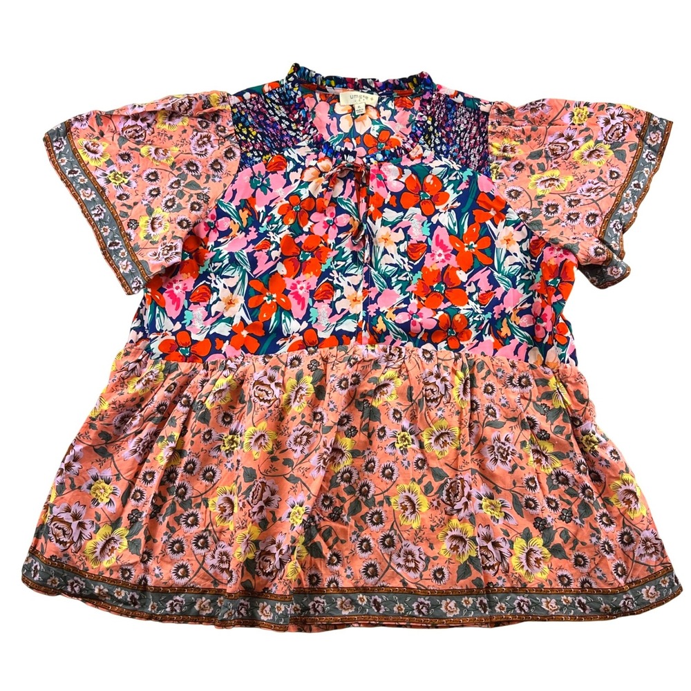 Umgee USA Floral Mixed Print Babydoll Top XL Pink Orange Smocked Boho WK7038
